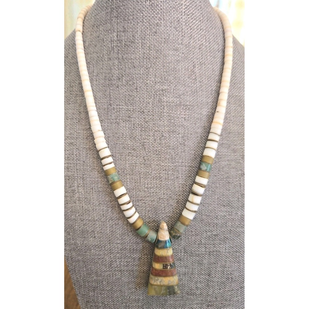VTG Native American Inlay Turquoise/Stone/Brass Pendant Beaded Necklace 16"